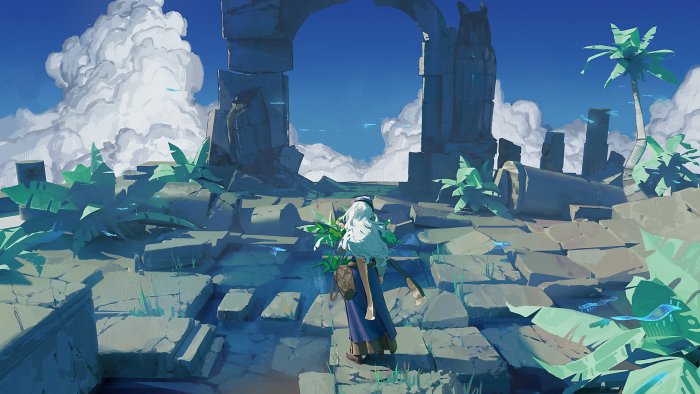 White-haired traveler standing in ancient stone ruins