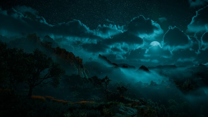 Misty Mountain Landscape Under a Full Moon at Night