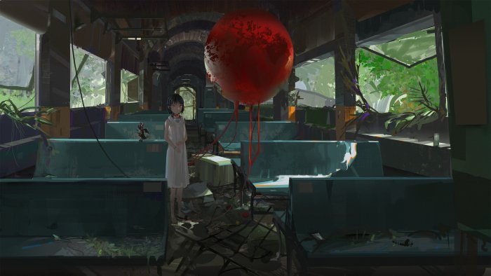 Anime Girl in Ruined Train with Floating Red Sphere