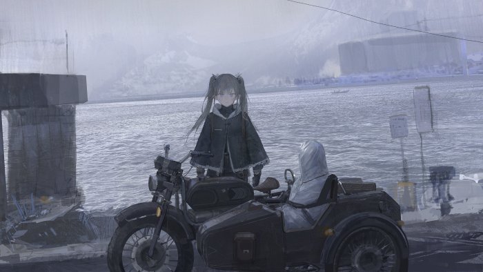 Anime girl with twin tails next to sidecar motorcycle