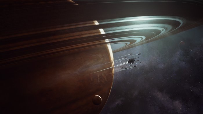 Fleet of spaceships passing a ringed gas giant