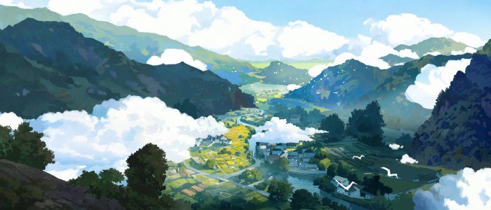 Anime Style Mountain Valley Landscape with Clouds