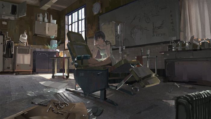 Anime Girl Sitting in a Messy Laboratory
