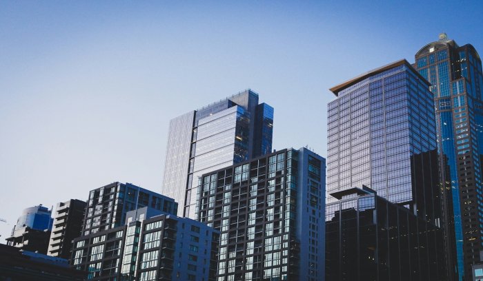 Modern glass skyscrapers in downtown city skyline