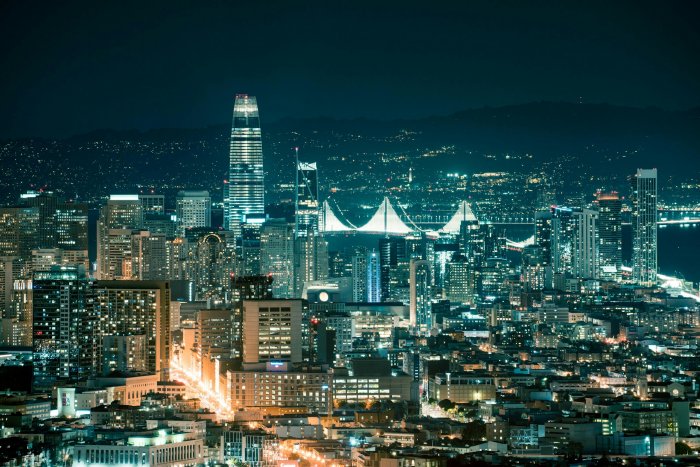 San Francisco Skyline and Bay Bridge at Night