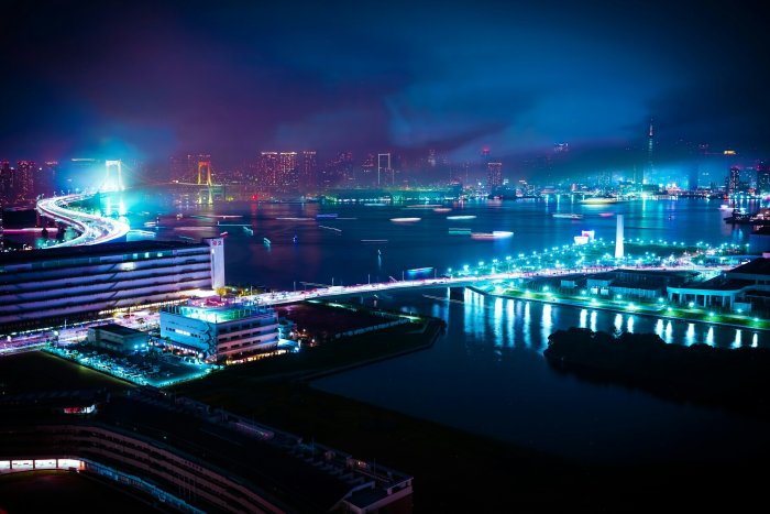 Tokyo Bay night cityscape with Rainbow Bridge
