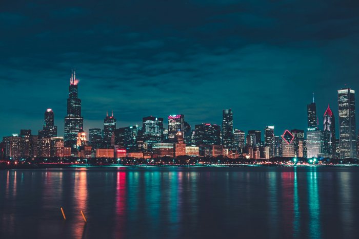 Chicago City Skyline at Night with Water Reflections