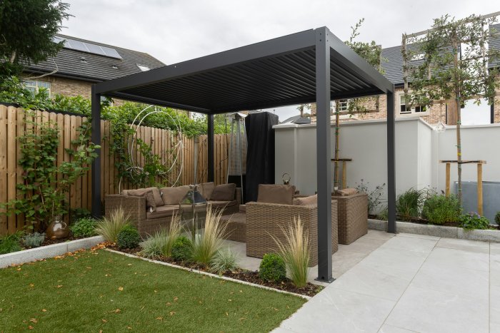 Modern Backyard Patio with Black Pergola and Wicker Furniture