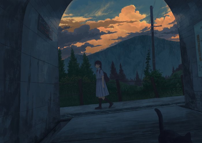 Anime Girl Walking Past a Tunnel at Sunset