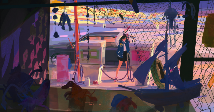 Anime Girl Refueling Car at Sunset Gas Station