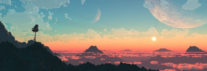 Alien Planet Landscape with Mountains and Moons
