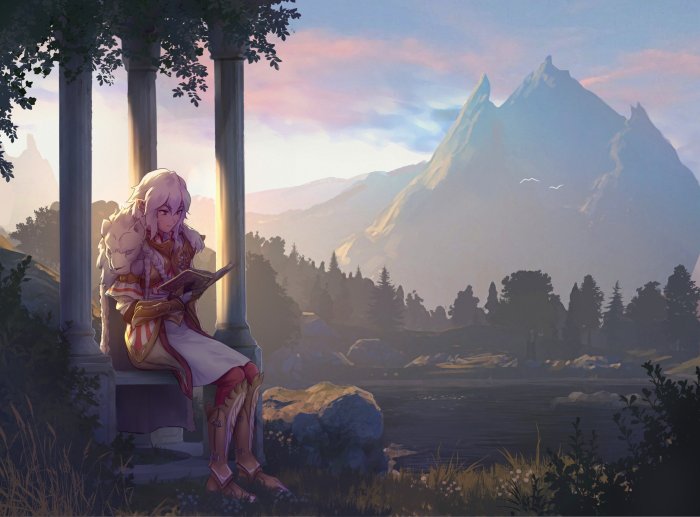 Elf character reading a book near a mountain lake
