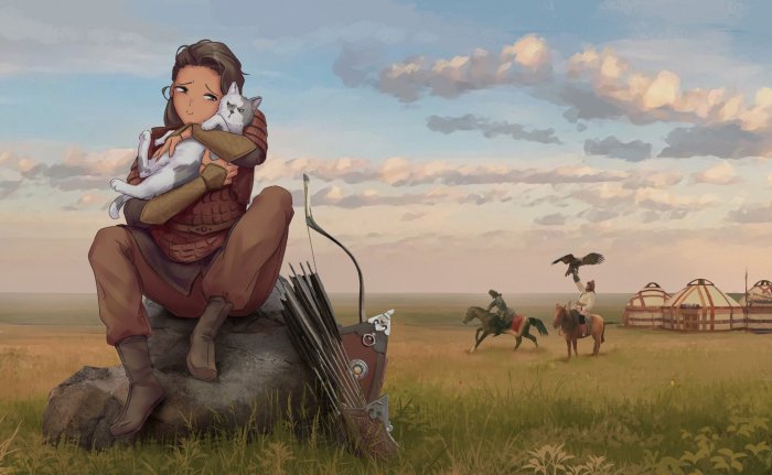 Nomadic Warrior Girl Hugging a Grumpy Cat