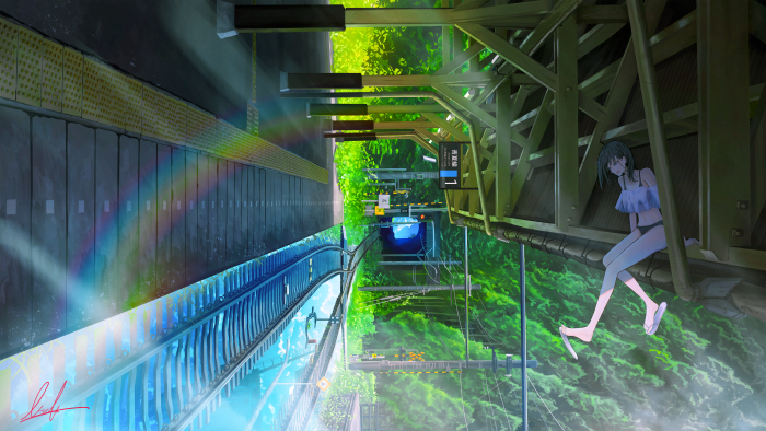 Anime Girl Sitting on Beams at Train Station