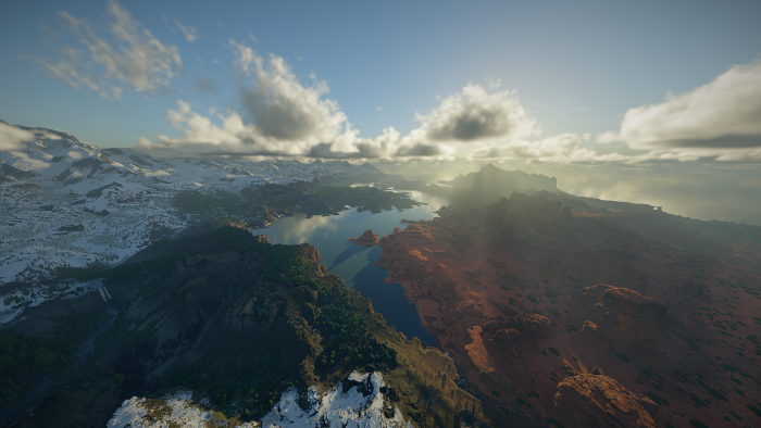 Aerial View of Snowy Mountains and Red Desert Landscape