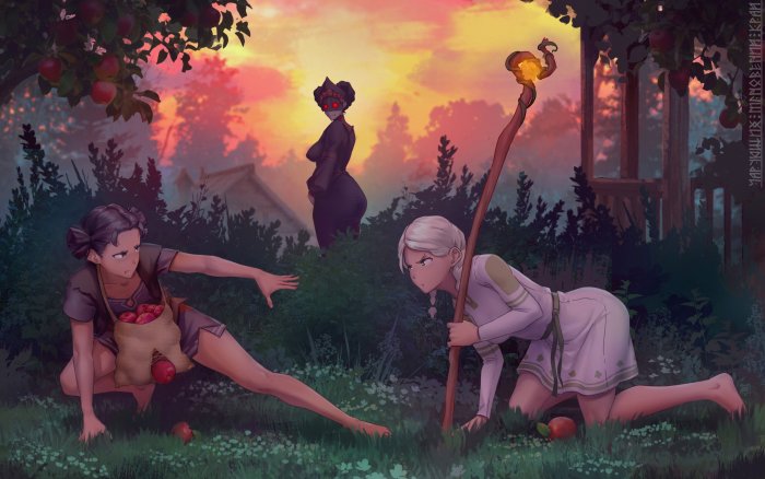 Anime Girls Stealing Apples Watched by a Mysterious Figure
