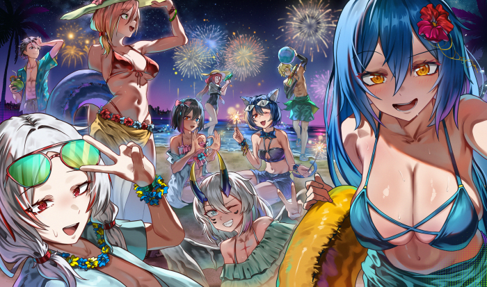 Anime Characters Celebrating Summer Night on the Beach with Fireworks