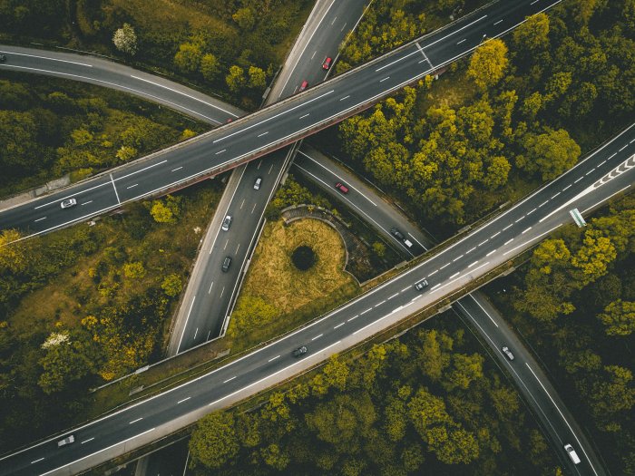 Aerial view of interlocking highway overpasses