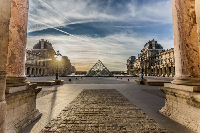The Louvre Pyramid and Palace in Paris France