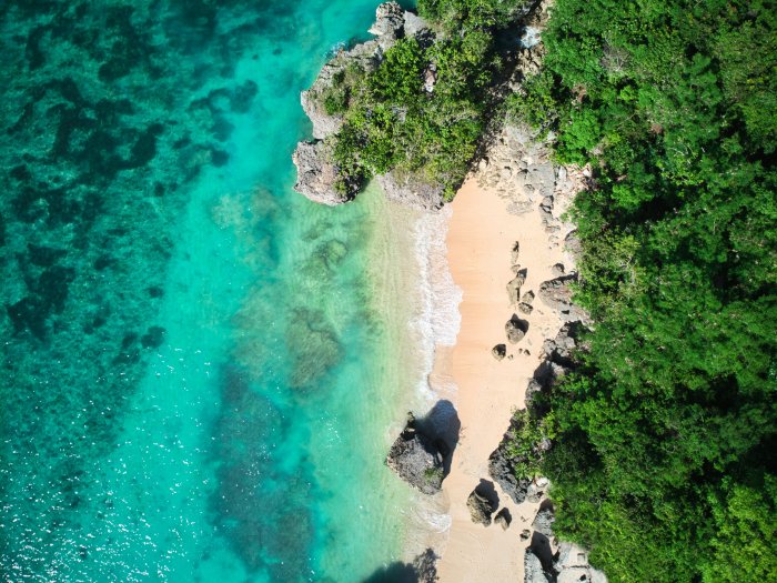 Aerial view of tropical beach and turquoise ocean