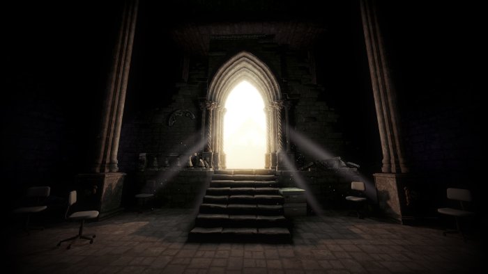 Brightly lit stone archway in The Stanley Parable