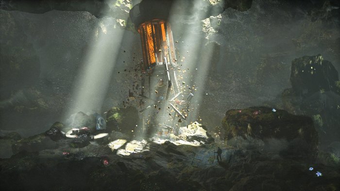Sci-Fi Explorer Discovering a Large Pod in a Cave