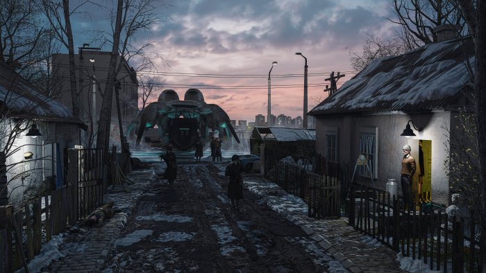 Futuristic Spaceship and Soldiers in a Snowy Russian Village