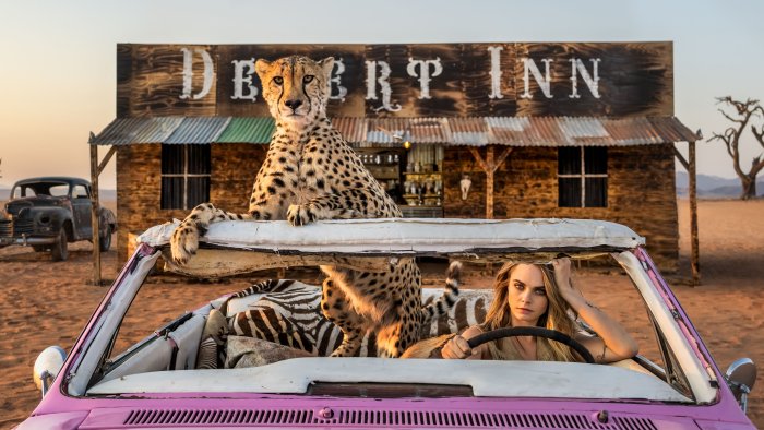 Cara Delevingne with a Cheetah in a Pink Convertible