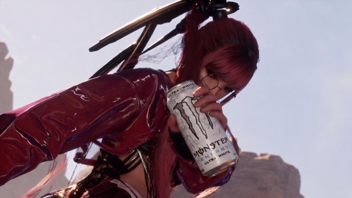 Eve from Stellar Blade holding a Monster Energy can