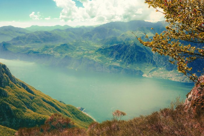 High Angle View of Lake Surrounded by Mountains