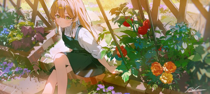 Anime Girl Sitting in a Greenhouse with Tomato Plants