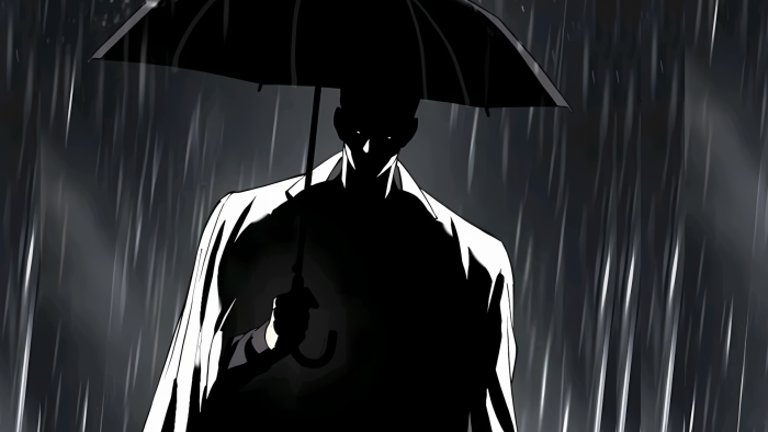 Gun Park from Lookism holding an umbrella in the rain