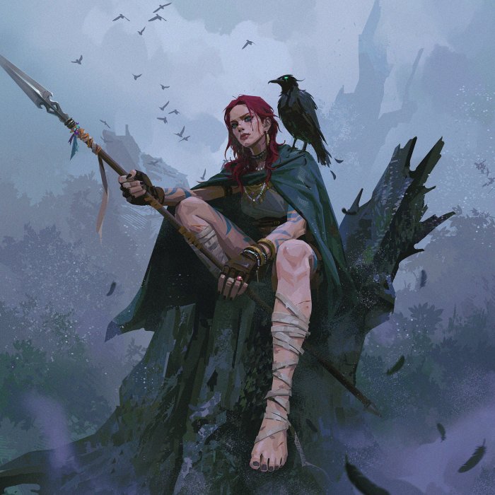 Red-haired fantasy warrior with spear and raven