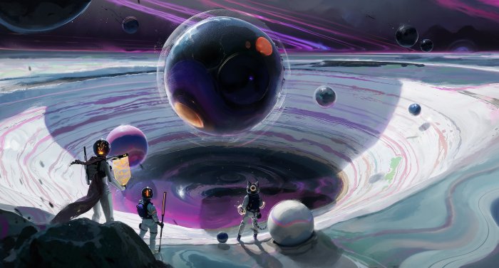 Astronauts exploring a giant swirling vortex on an alien planet