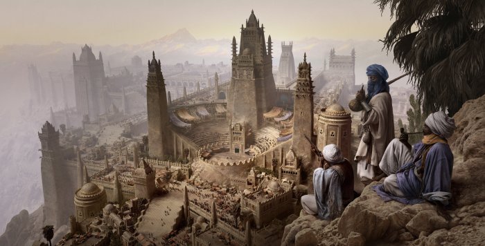 Fantasy Desert City with Observers on a Cliff
