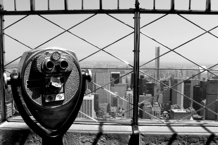 Grayscale View of Manhattan Skyline with Coin-Operated Telescope