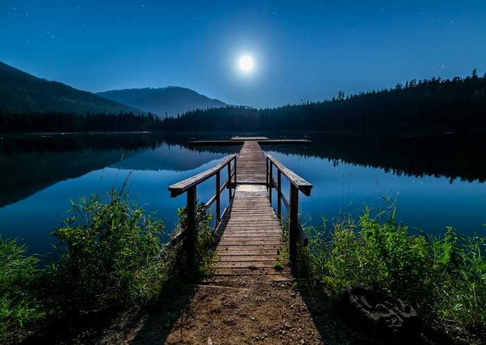 Wooden dock on a calm lake under a full moon