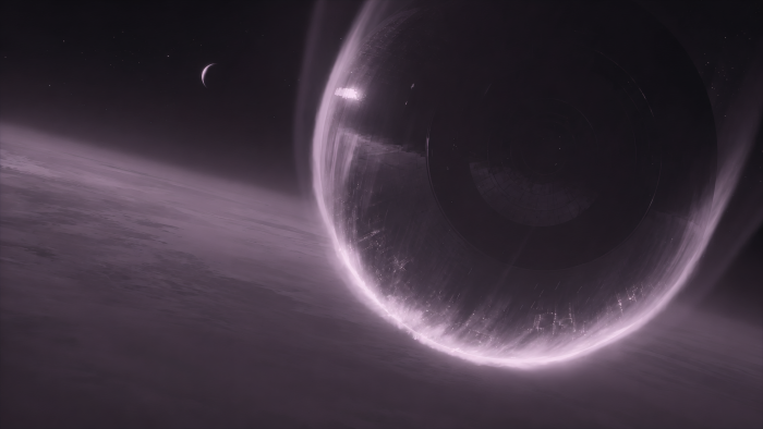 Massive spherical space station orbiting a purple planet