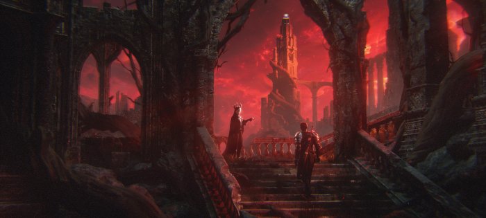 Armored warrior and crowned figure before a dark tower