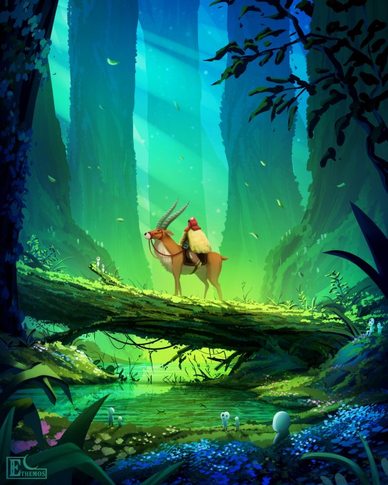Ashitaka and Yakul in Princess Mononoke Forest