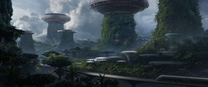Futuristic Sci-Fi City Integrated with Lush Jungle Nature