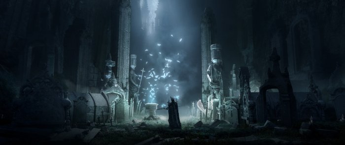Knight in a gothic graveyard with glowing blue spirits