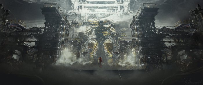 Giant Robot in Construction Bay with Lone Pilot