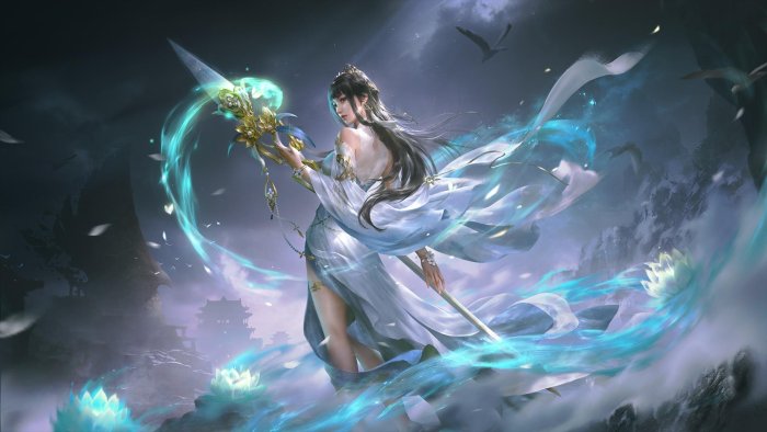 Fantasy Woman with Glowing Spear and Lotus Flowers