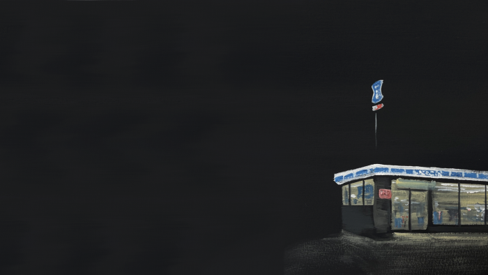 Minimalist painting of a Lawson convenience store at night