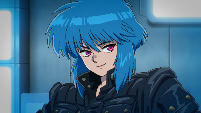 Anime girl with blue hair and pink eyes