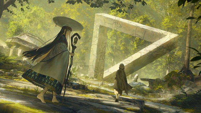 Travelers approaching a giant stone Penrose triangle in a forest