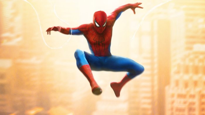 Spider-Man swinging mid-air in classic red and blue suit