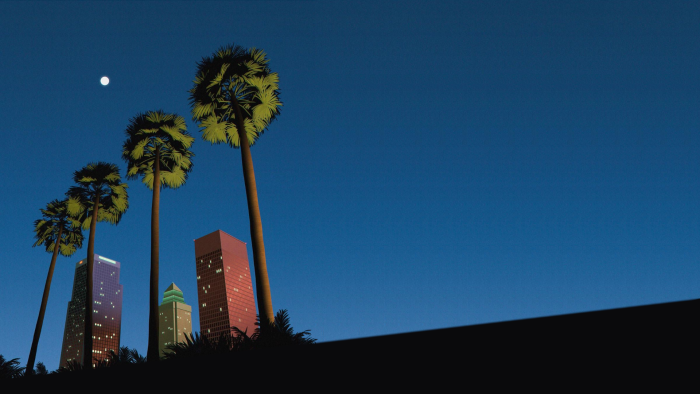 Vector illustration of palm trees and city skyscrapers at night