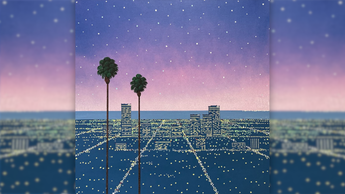 Retro City Pop Painting of Skyline with Palm Trees